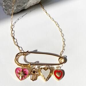NEW Safety Pin Gold Heart Charm Necklace